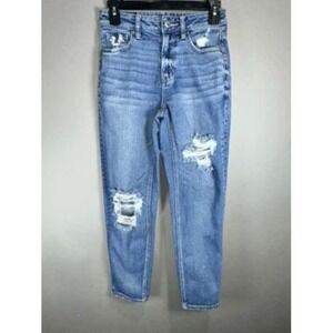 American Eagle Mom Straight Jeans Size 0 High Rise Straight Leg Distressed Denim
